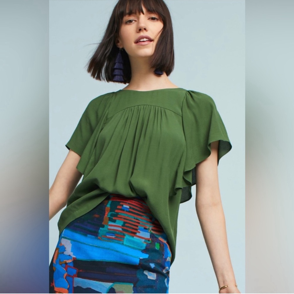 Anthropologie Maeve Green Prato Flutter Tee